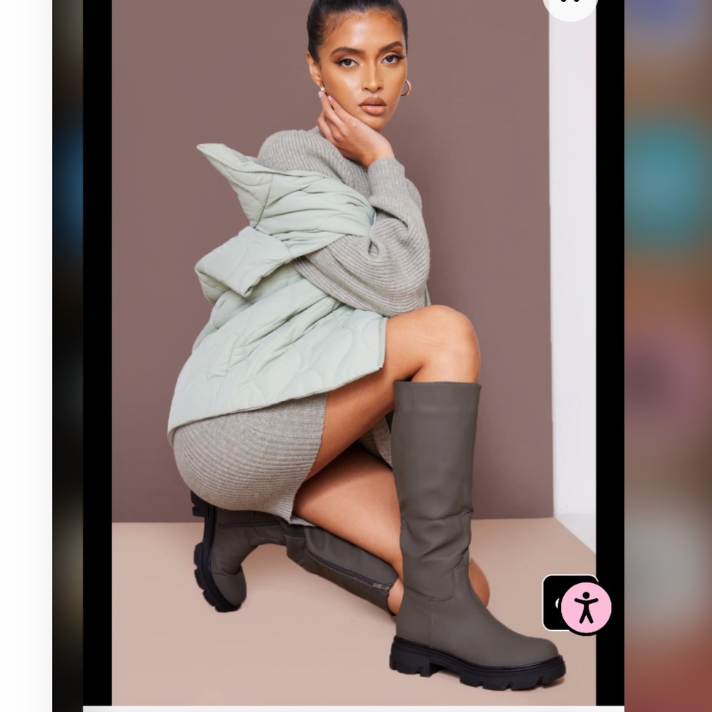✨PrettyLittleThing Khaki Knee High Boots Sz 8✨